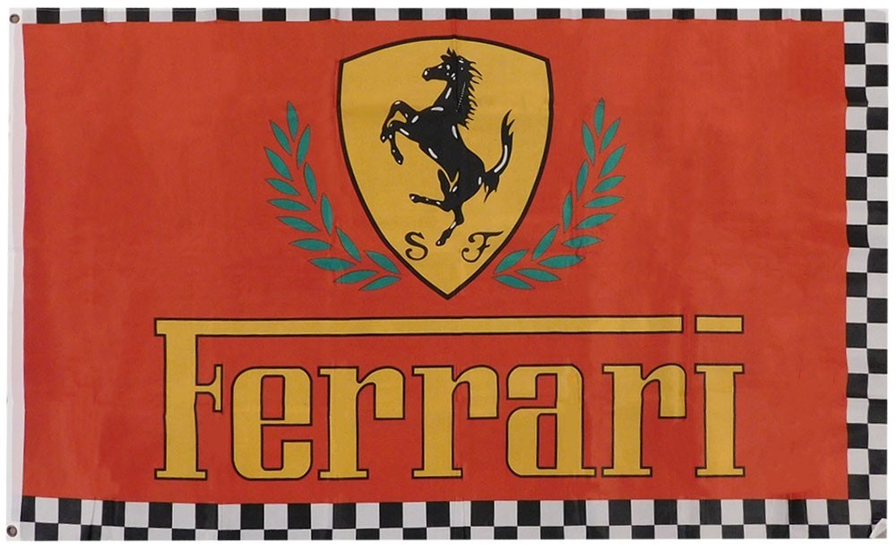 RED FERRARI CHECKERED BORDER & LEAF FLAG new 3x5ft QUALITY SATIN US seller