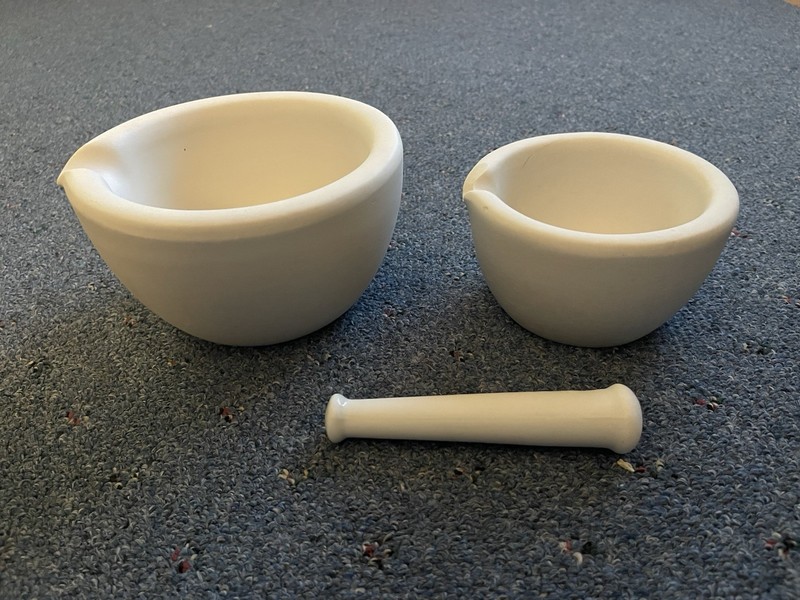 2 Stoneware Bowls (5” & 7”wide/3”& 4” tall) Mortar & Pedestal (Total 9 Pounds)
