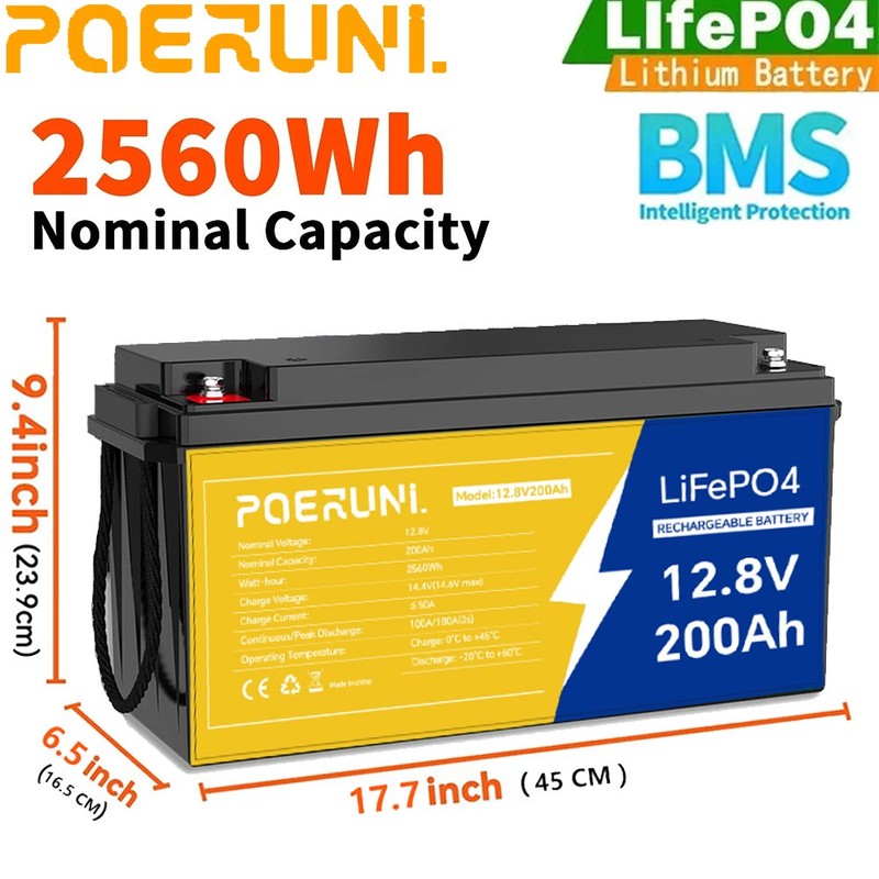 12V 200AH LiFePO4 15000+ Deep Cycle Lithium Battery BMS for Solar RV Off-grid