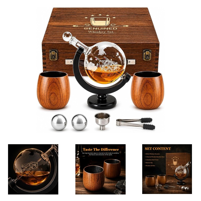 Whiskey Decanter Set with Charred Wooden Glasses Globe 30oz Liquor Gift for Men