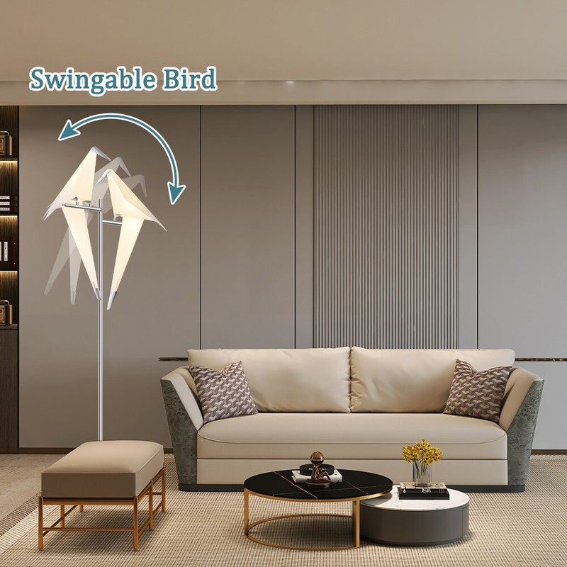 Silver Iron Bird Floor Lamp Standing Origami Double Crane LED Light Living Room