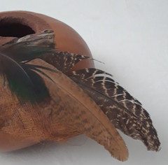 Native American Handcrafted Signed Gourd Art w/Leather Feathers Beads
