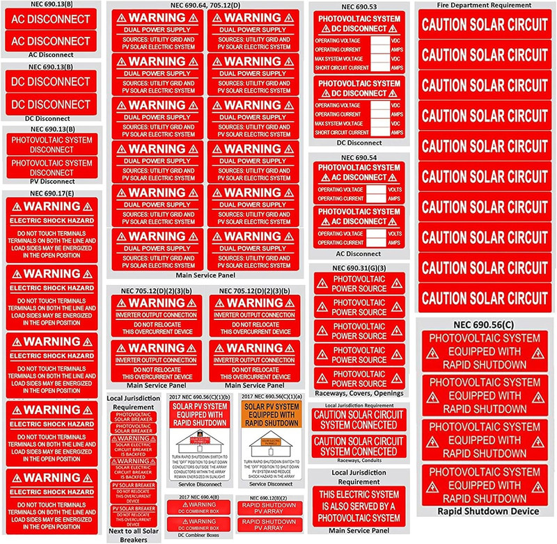 62 Pack Premium Solar PV System Labels – UV Resistant, Safety Warning Photovolta
