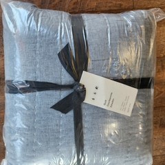 West Elm European Flax Linen Cotton Pick Stitch Full Queen Quilt Indigo Blue New
