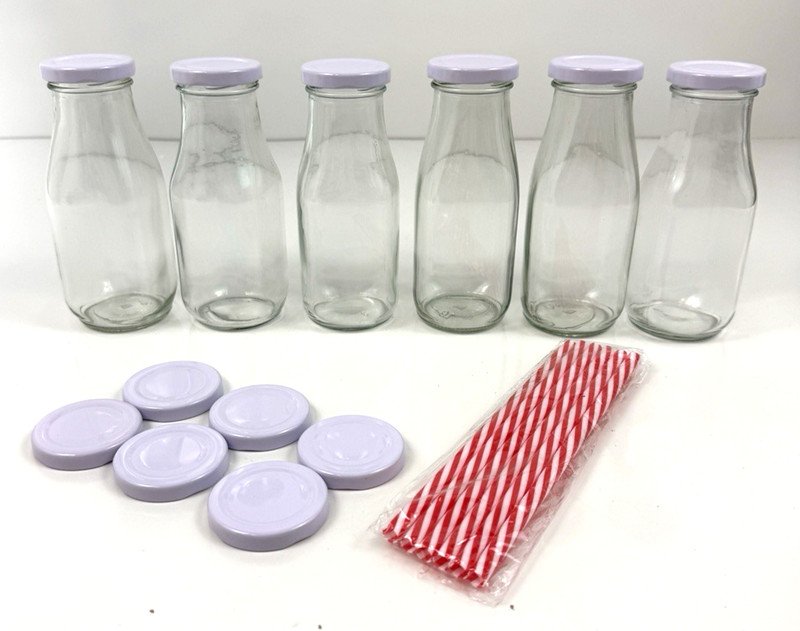 10 oz. Glass Milk Bottles Reusable with Lids and Red & White Straws Lot of 6