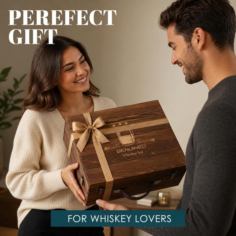 Whiskey Decanter Set with Charred Wooden Glasses Globe 30oz Liquor Gift for Men gallery