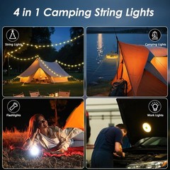 2 Pack 4-in-1 Camping String Lights 32.8FT Rechargeable Hanging Tent Lamp 8 Mode