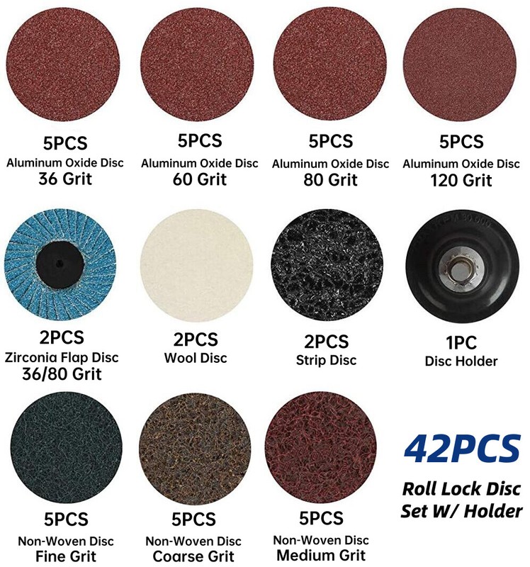 42PCS 2 in Roll Lock Sanding Disc Set 1/4 Holder Die Grinder Quick Change Discs