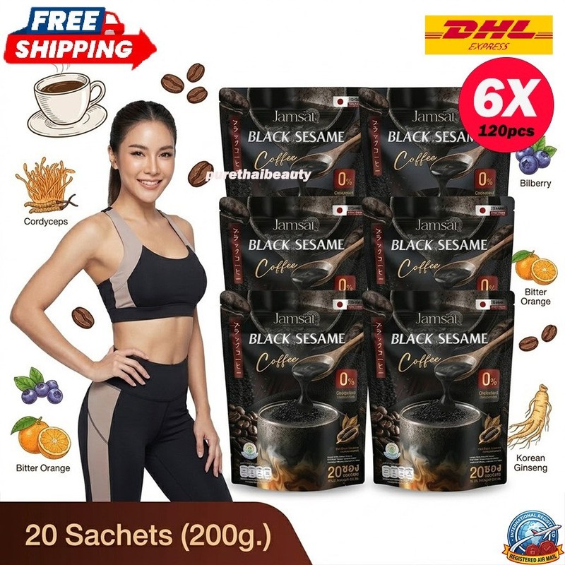 6x Jamsai Black Sesame Coffee Powder Drink 0 Sugar Fat Nourish Good Shape Health