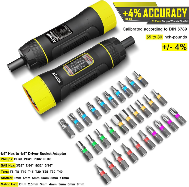 Torque Screwdriver Set, 10-80 Inch Pounds Lbs, 31 Piece 1/4" Drive Torque Screwd gallery