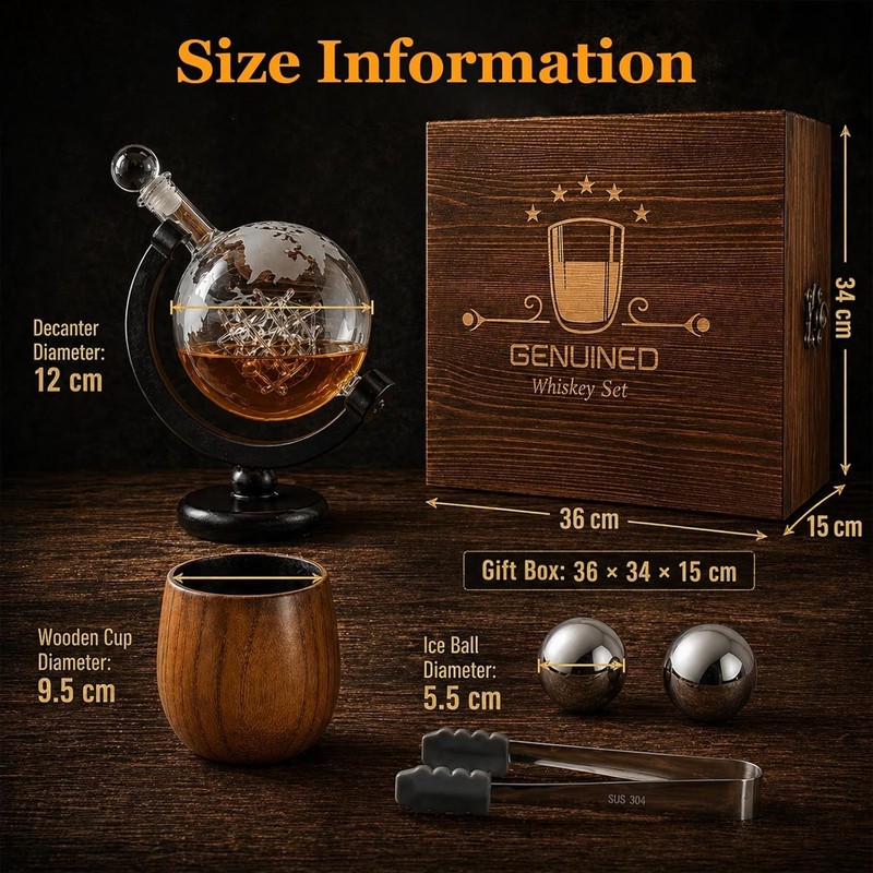 Whiskey Decanter Set with Charred Wooden Glasses Globe 30oz Liquor Gift for Men gallery