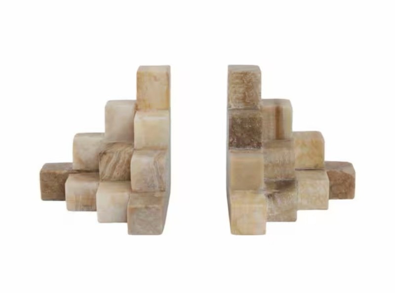 Sagebrook Home Ivory 6 in. x 6 in. Stone Cube Pyramid Bookends (Set of 2) Marble