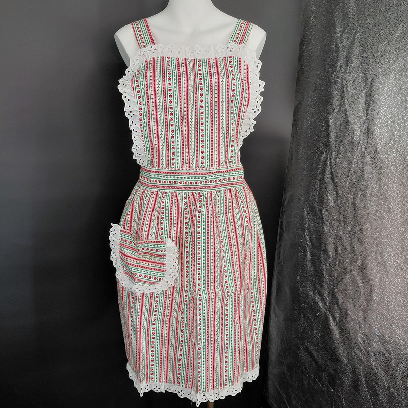 Vint Christmas Crossback Apron Womens One Size Striped Pocket Kitchen Retro Trad