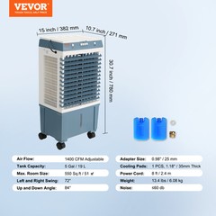 VEVOR Evaporative Cooler Swamp Cooler 3-in-1 1400 CFM 5 Gal Air Humidifier Home