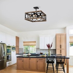 4-Light Square Kitchen Island Light Farmhouse Wood Black Metal Ceiling Fixture