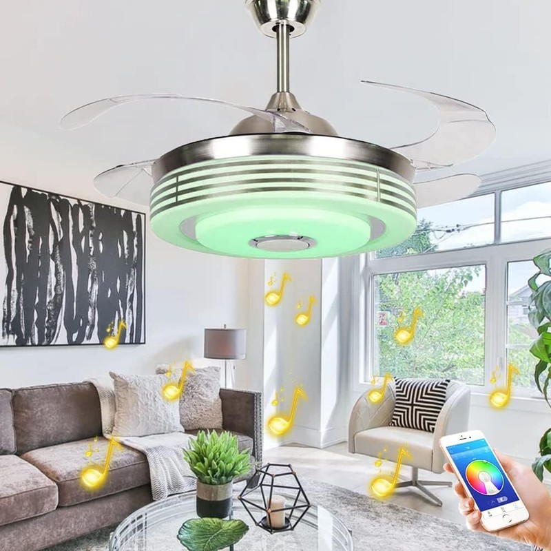 42» Silver Ceiling Fan w/Bluetooth Speaker, Smart Dimmable 7-Color Chandelier